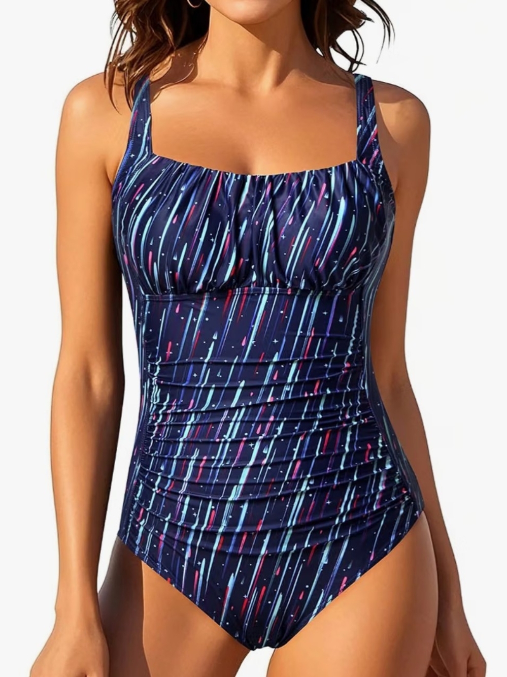 Ruched Modest Square-Neck One-Piece Swimsuit in Navy XS